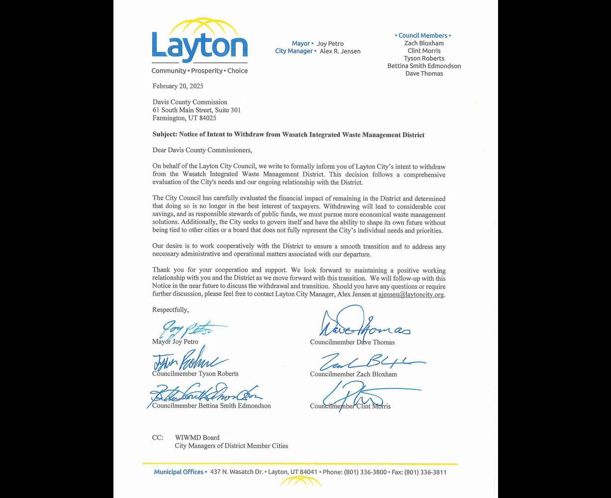 A letter of intent to leave the Wasatch Integrated Waste Management District signed by Layton officials.
