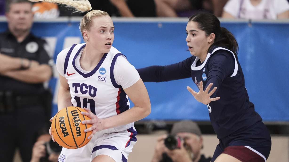 TCU guard Hailey Van Lith (10) works against Fairleigh Dickinson guard Abaigeal Babore, right, in the first half in the first round of the NCAA college basketball tournament in Fort Worth, Texas, Friday, March 21, 2025.