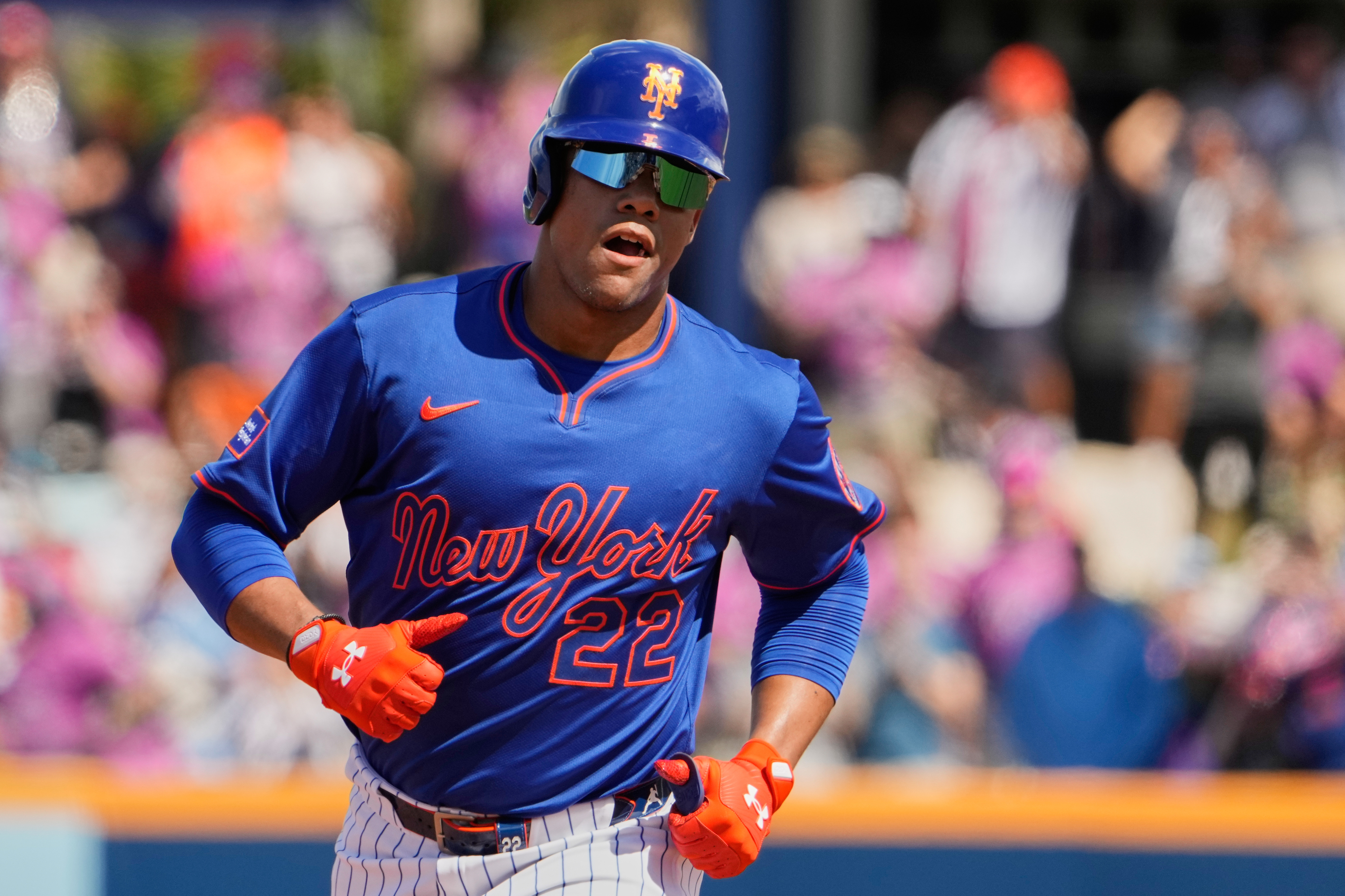 FILE - New York Mets' Juan Soto rounds the bases after hitting a solo home run during the first inning of a spring training baseball game against the Houston Astros, Saturday, Feb. 22, 2025, in Port St. Lucie, Fla.
