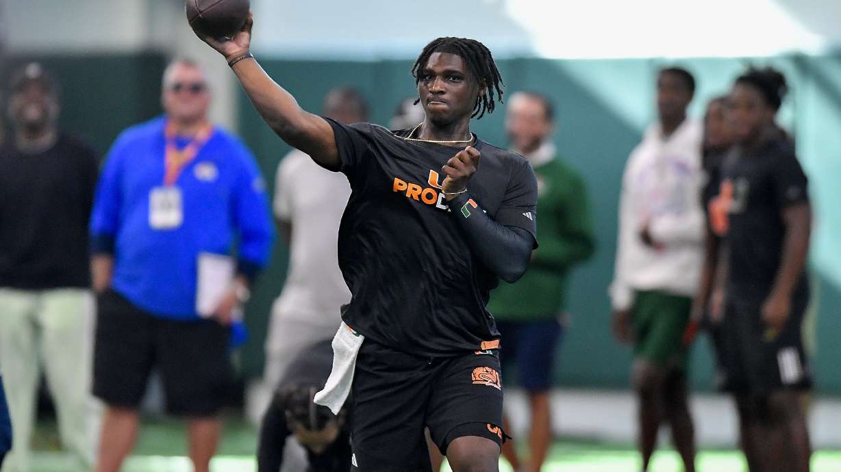 Miami quarterback Cam Ward throws the ball during the school's NFL football pro day Monday, March 24, 2025, in Coral Gables, Fla.