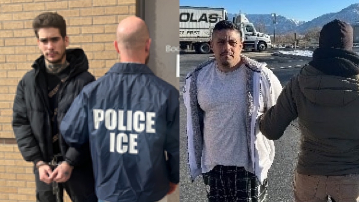 The photos from the ICE Salt Lake City X account show the detentions by federal agents of Yoxsuany Raul Cruz Guerra, left, and Benjamin Zavala.