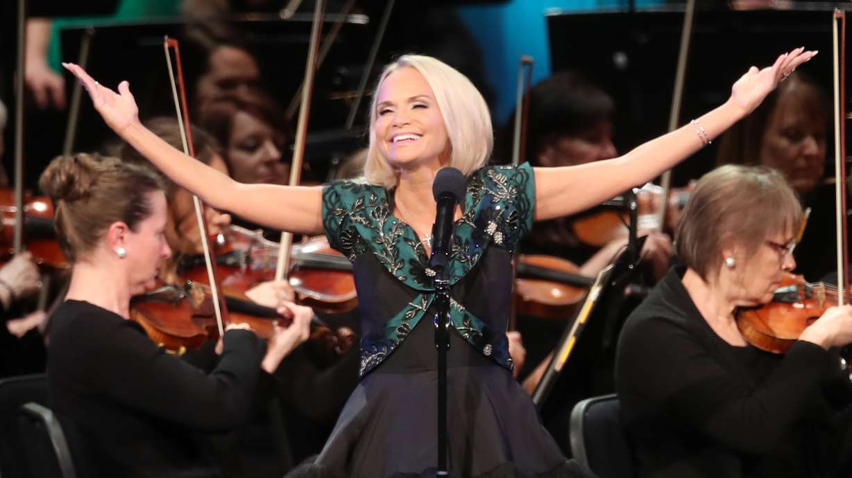 Kristin Chenoweth sings with the Tabernacle Choir at Temple Square during their opening Christmas concert in Salt Lake City on Thursday, Dec. 13, 2018. Chenoweth is lending her voice to a star-studded animated film about the life of Jesus Christ.