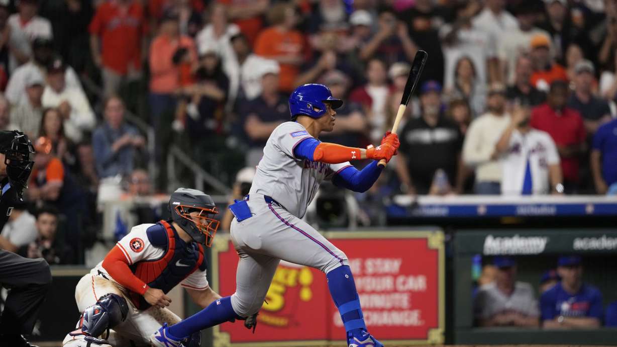 New York Mets' Juan Soto strikes out to end the ninth inning of an opening-day baseball game against the Houston Astros Thursday, March 27, 2025, in Houston.