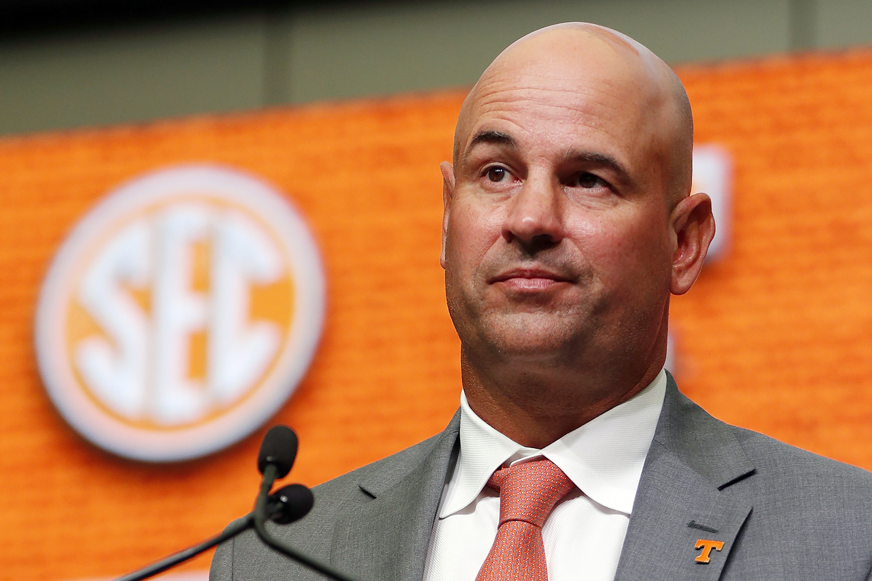 FILE - Then-Tennessee NCAA college football head coach Jeremy Pruitt speaks during Southeastern Conference Media Days in Atlanta, July 18, 2018.
