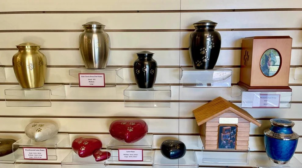 Urns are displayed at the Pet Cremation Center of Southern Utah in St. George. Companies engaged in pet funeral services have seen an increase in market size.