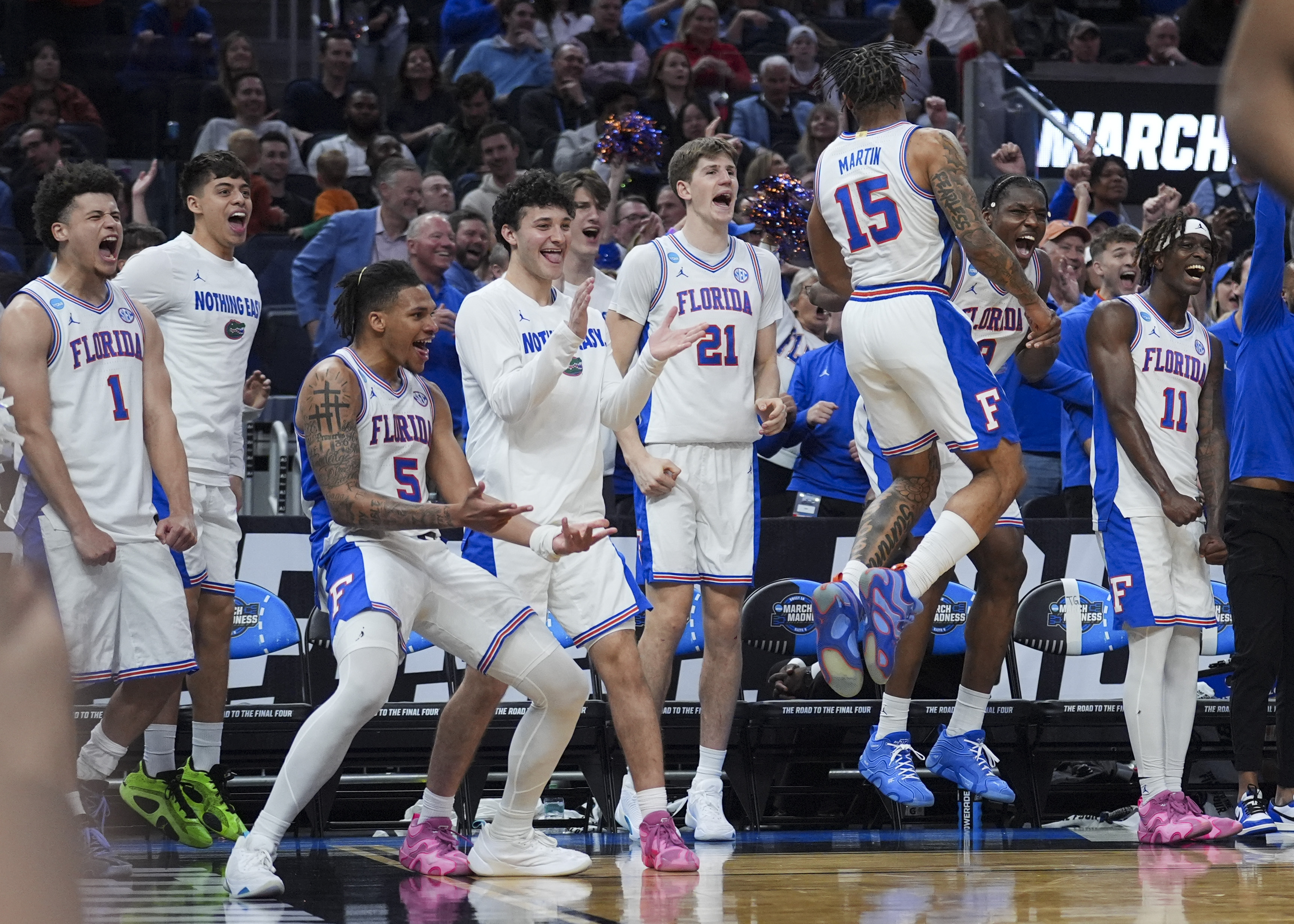 Florida players react on the bench during the second half in the Sweet 16 of the NCAA college basketball tournament against Maryland, Thursday, March 27, 2025, in San Francisco.