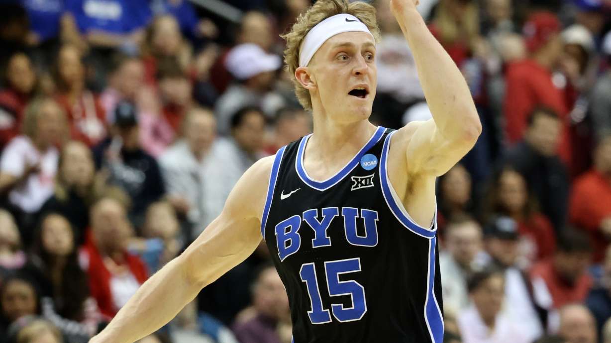 Brigham Young Cougars forward Richie Saunders (15) yells to his teammates as the Brigham Young Cougars play the Alabama Crimson Tide in the first half of an NCAA Sweet 16 basketball game at the Prudential Center in Newark, N.J., on Thursday, March 27, 2025. BYU lost 113-88.