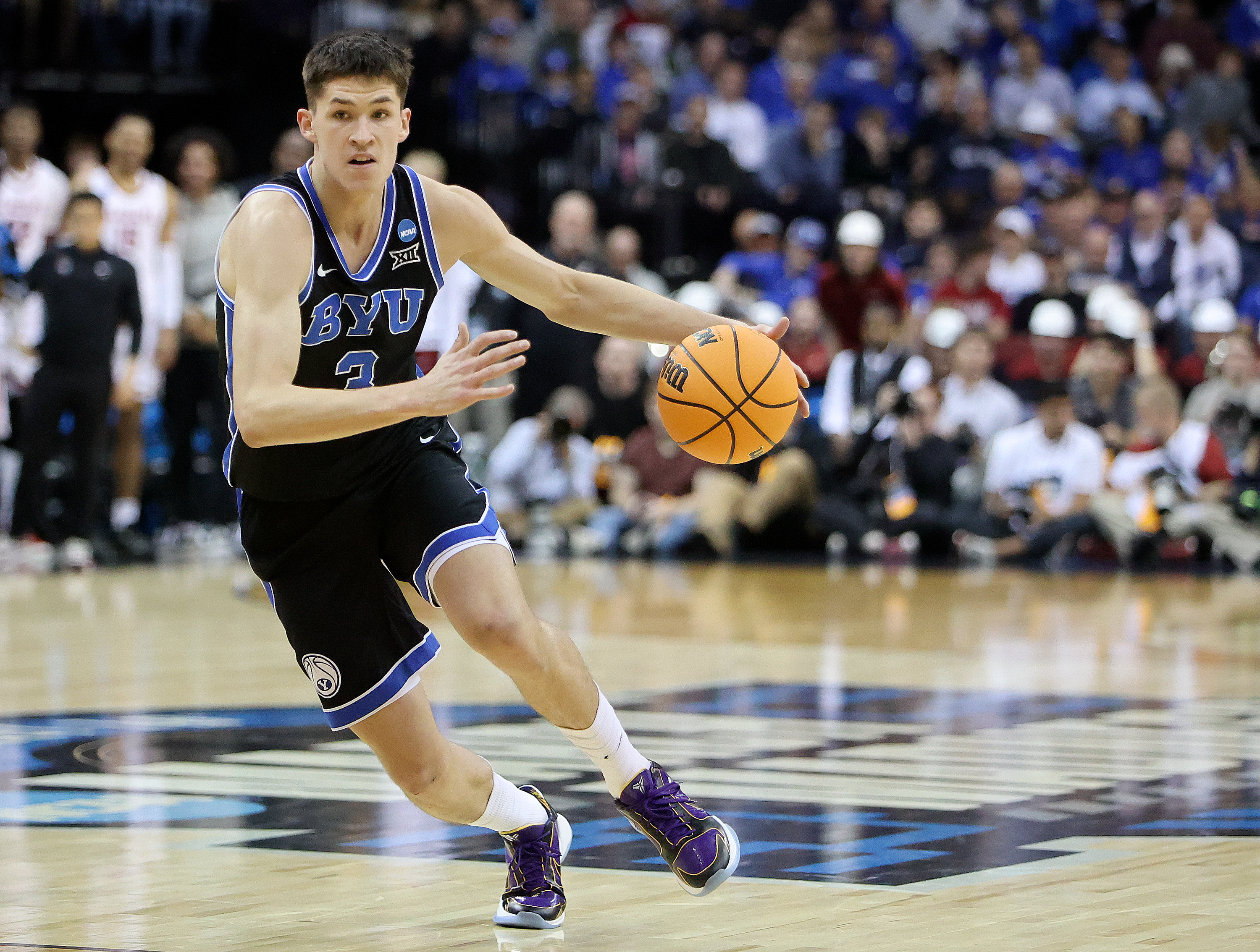 Brigham Young Cougars guard Egor Demin (3) dribbles the ball during the second half of an NCAA Sweet 16 basketball game against the Alabama Crimson Tide at the Prudential Center in Newark, N.J., on Thursday, March 27, 2025. BYU lost 113-88.