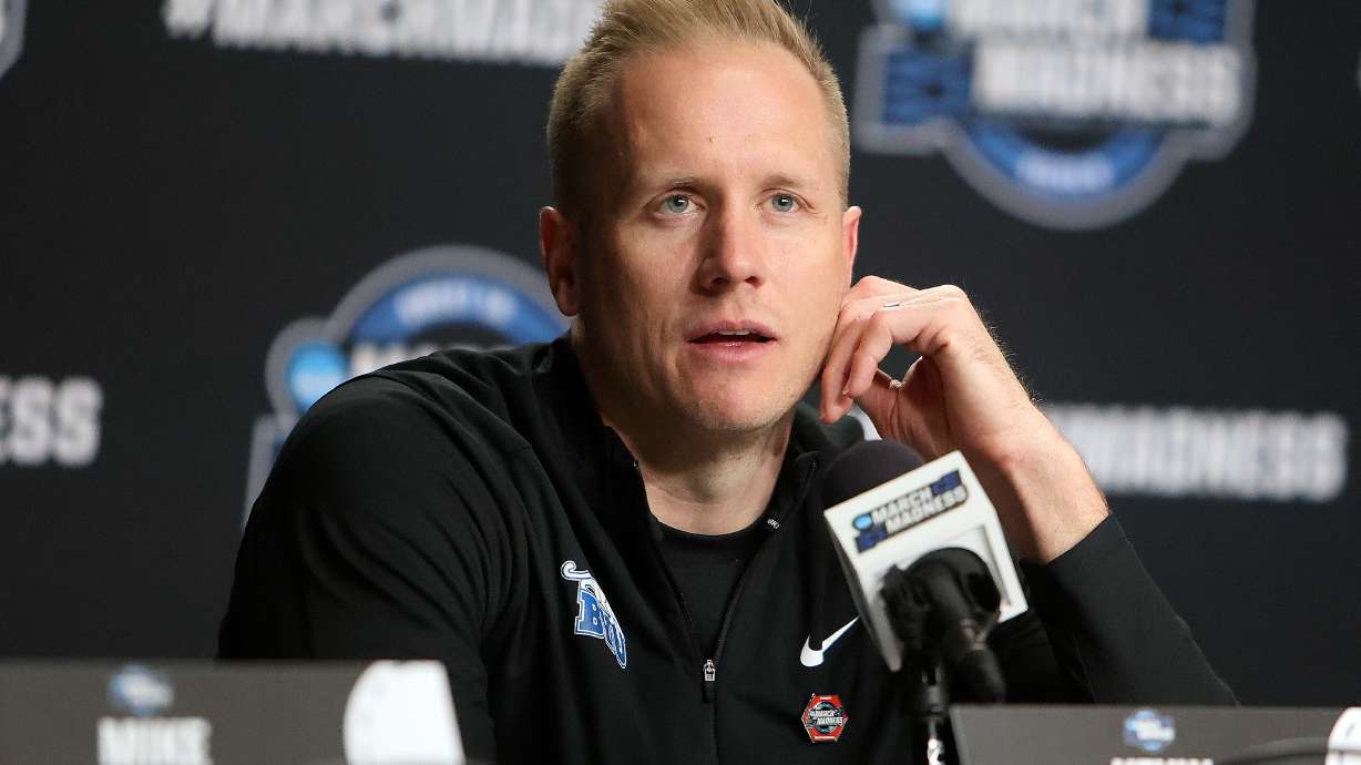 BYU head basketball coach Kevin Young speaks at a press conference after the Brigham Young Cougars lost to the Alabama Crimson Tide in an NCAA Sweet 16 basketball game at the Prudential Center in Newark, N.J., on Thursday, March 27, 2025. BYU lost 113-88.