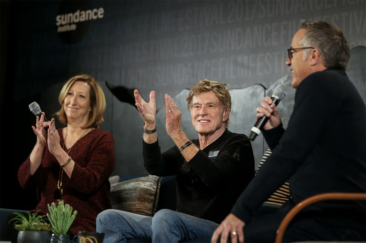 Keri Putnam, executive director of the Sundance Institute, left, Robert Redford, founder and president of the institute, center, and John Cooper, festival director, attend the 2017 Sundance Film Festival's annual Day One press conference at the Egyptian Theatre in Park City on Jan. 19, 2017.