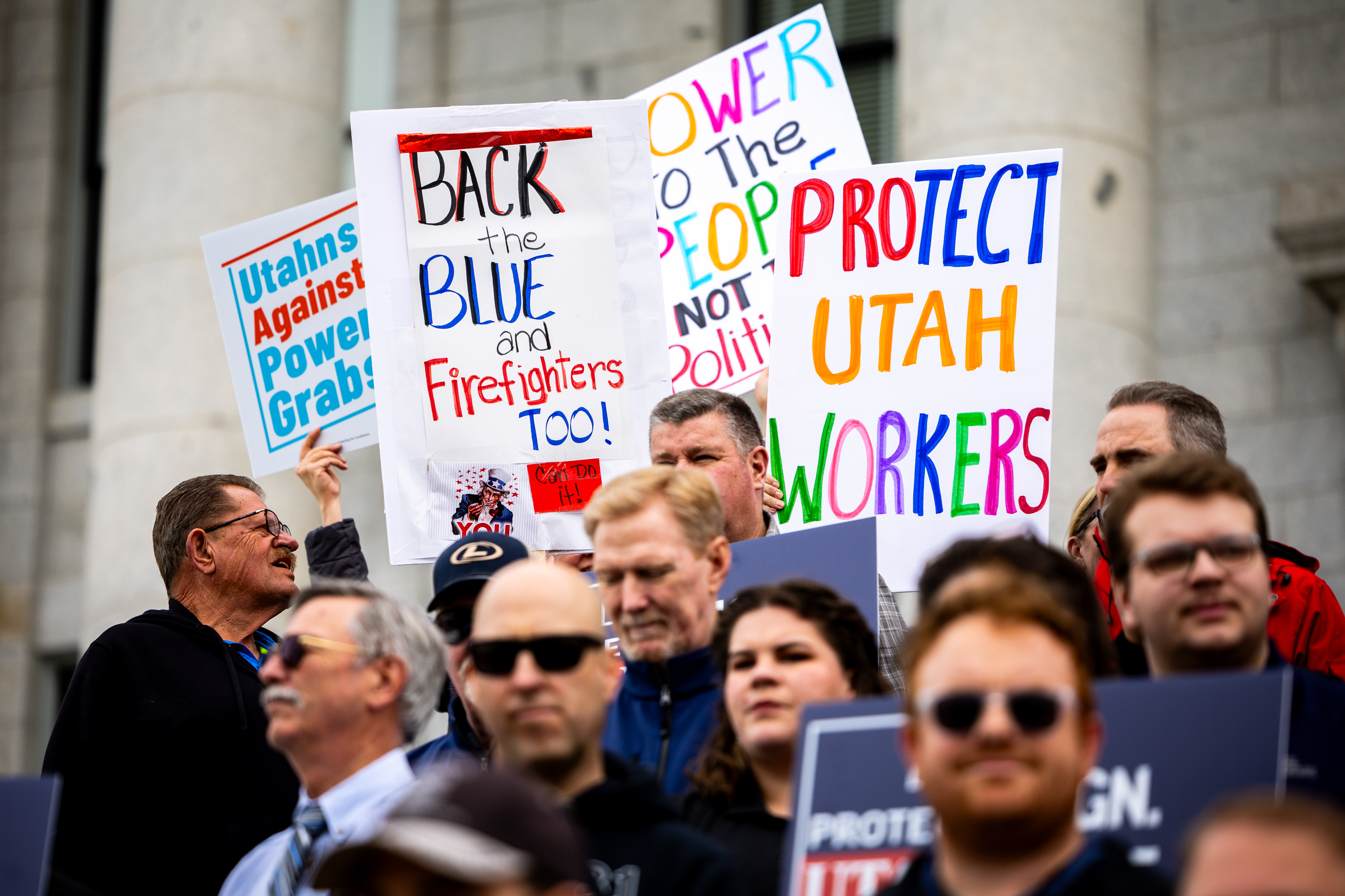 The Protect Utah Workers coalition announces an initial signature count of the HB267 referendum campaign at the state Capitol on March 28. The group plans for a final push to collect signatures this weekend.