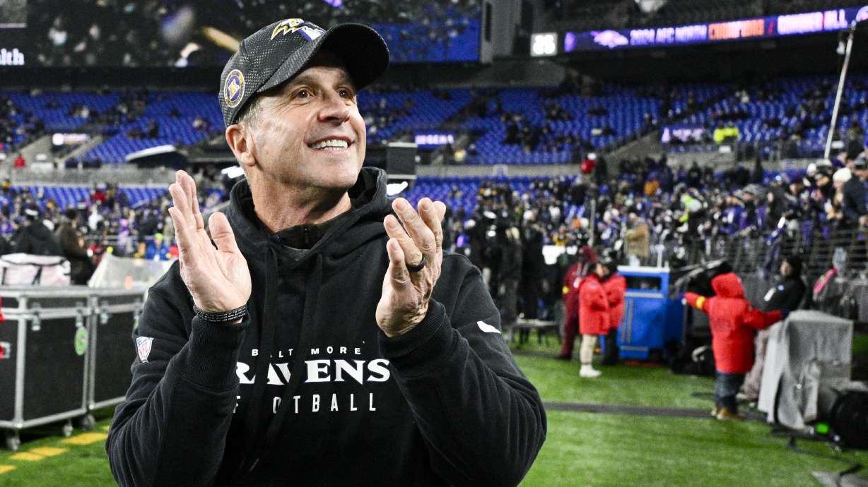 FILE - Baltimore Ravens head coach John Harbaugh reacts prior to an NFL wild-card playoff football game against the Pittsburgh Steelers, in Baltimore, Jan. 11, 2025.