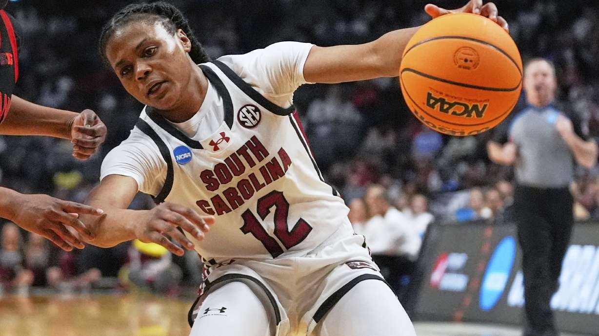 South Carolina guard MiLaysia Fulwiley (12) drives near the basket during the first half against Maryland in the Sweet 16 of the NCAA college basketball tournament, Friday, March 28, 2025. in Birmingham, Ala.
