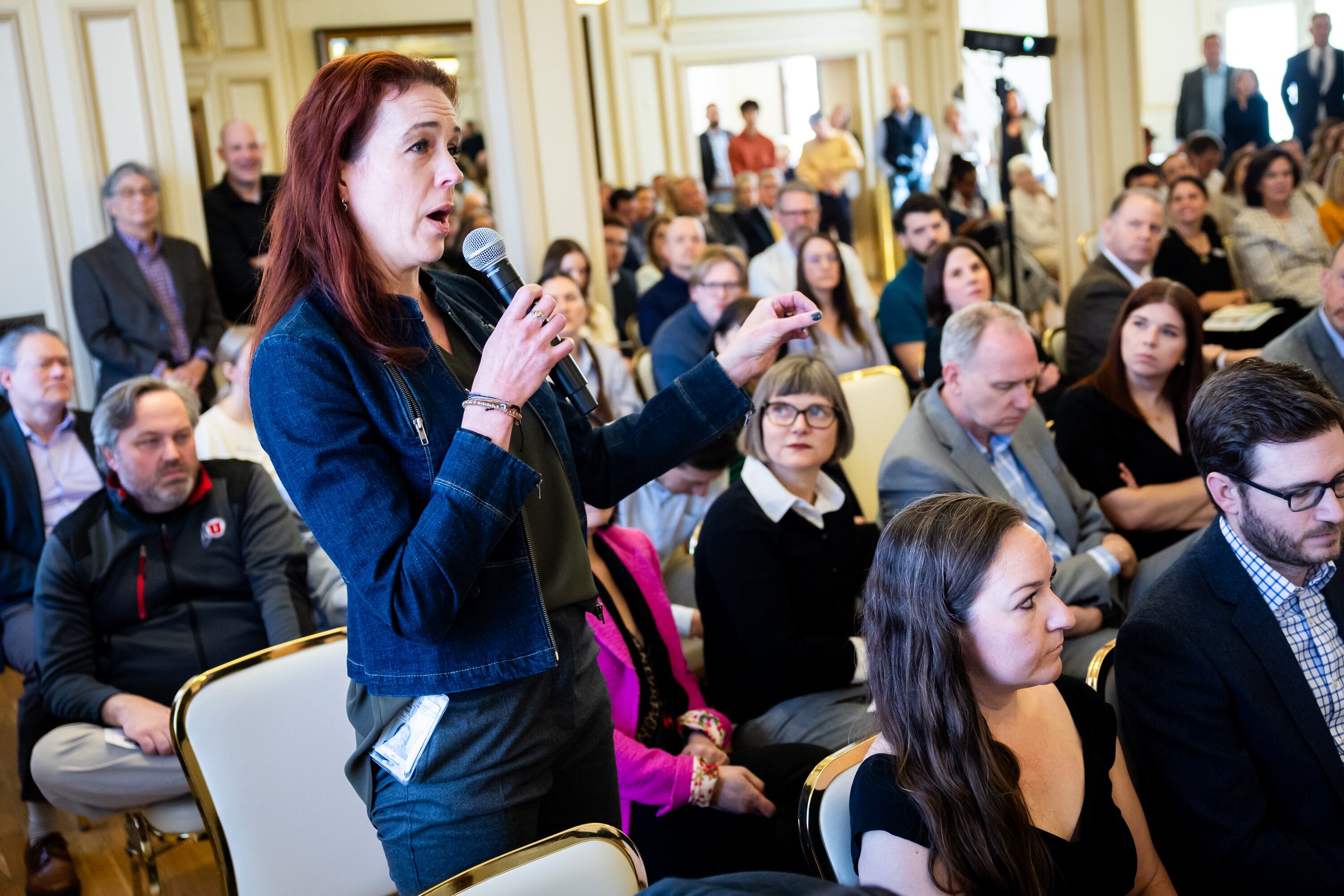 Rep. Jennifer Dailey-Provost, D-Salt Lake City, asks a question to Harvard economist and scholar Dr. Raj Chetty after he discussed economic opportunity and upward mobility in Utah at the Thomas S. Monson Center in Salt Lake City on Thursday.