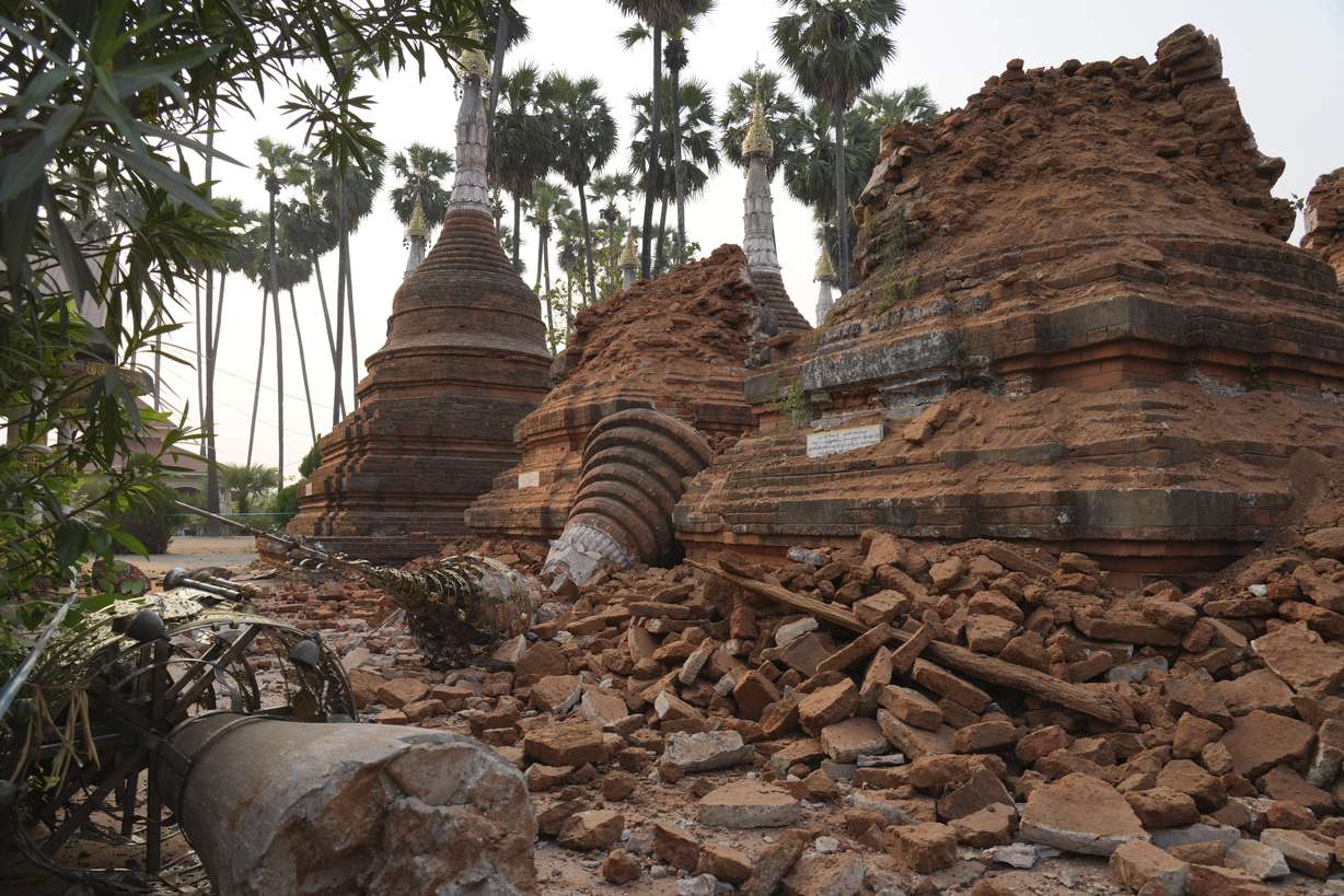 Damaged pagodas are seen after Friday's powerful earthquake in Naypyitaw, Myanmar, Saturday.