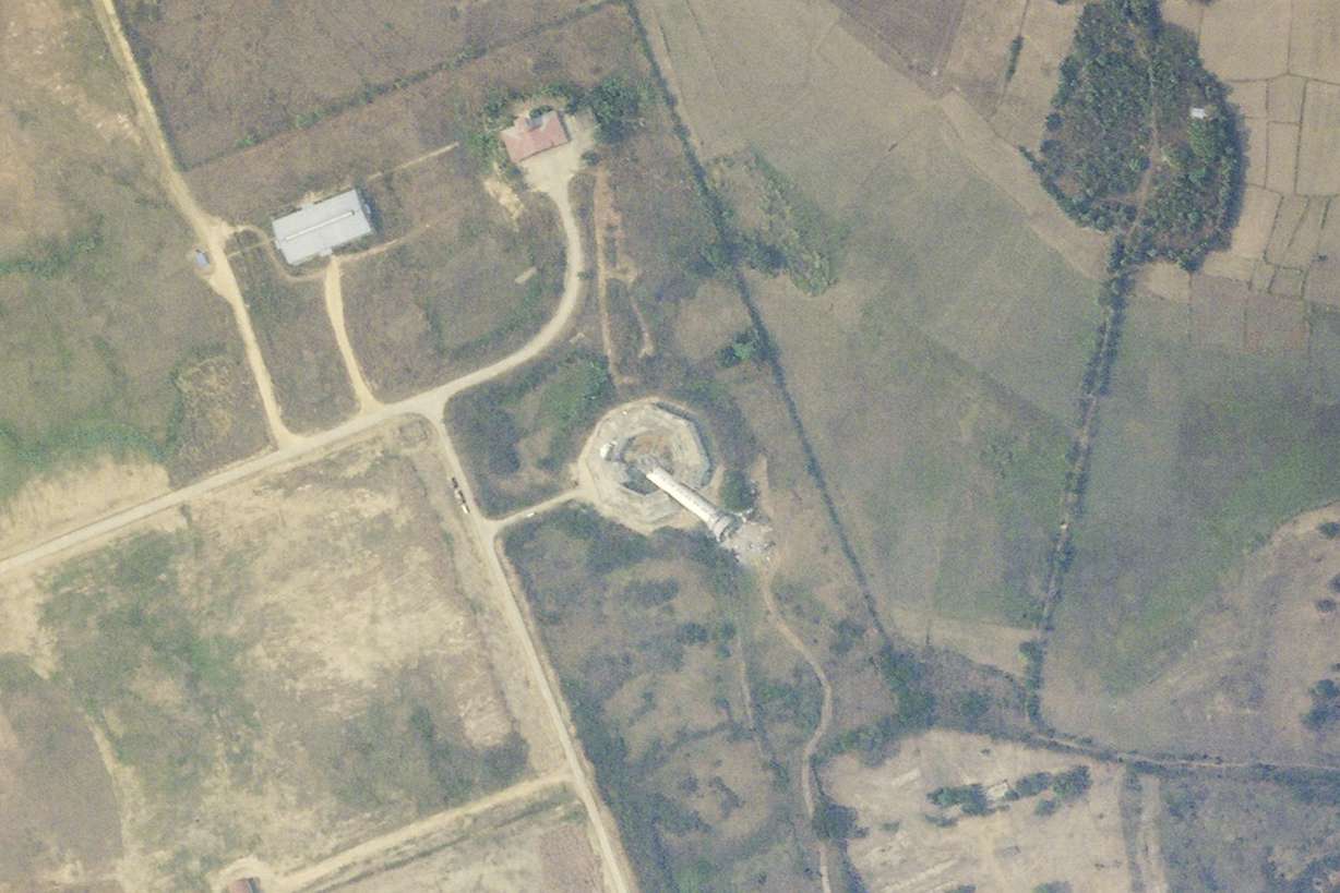 This satellite photo from Planet Labs PBC shows a collapse air traffic control tower at the Naypyitaw International Airport after an earthquake struck in Naypyitaw, Myanmar, Saturday.