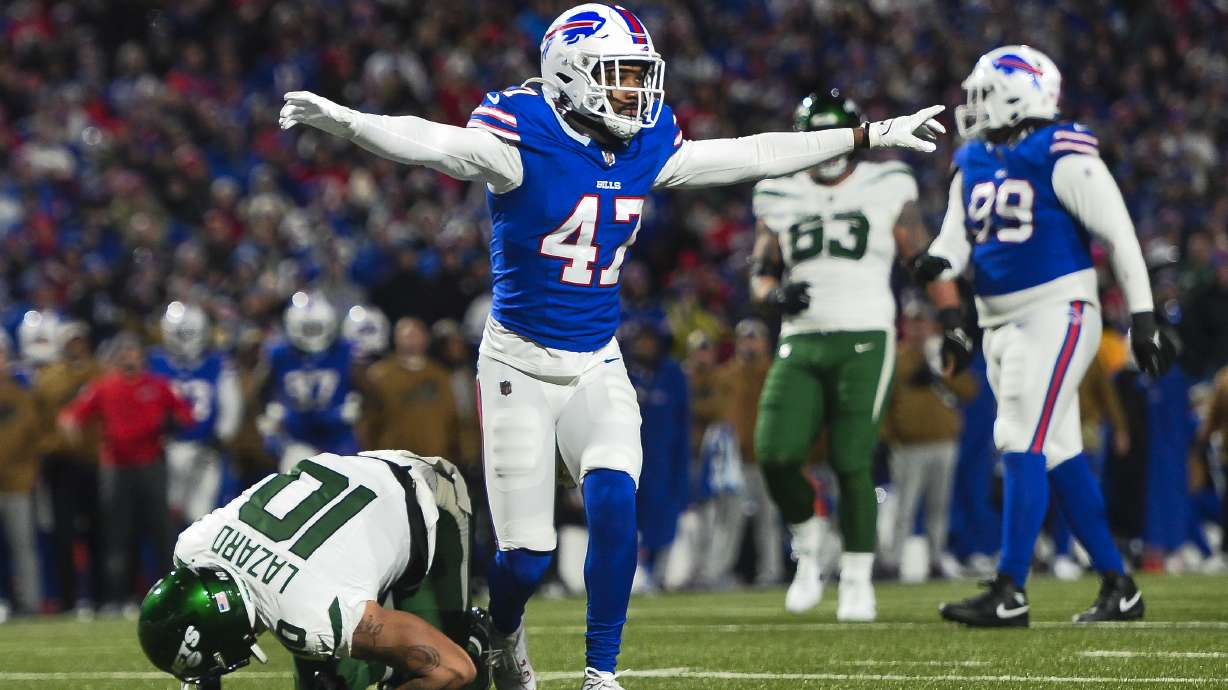FILE - Buffalo Bills cornerback Christian Benford (47) reacts after defending a play against New York Jets wide receiver Allen Lazard (10) during the first half of an NFL football game in Orchard Park, N.Y., Sunday, Nov. 19, 2023.