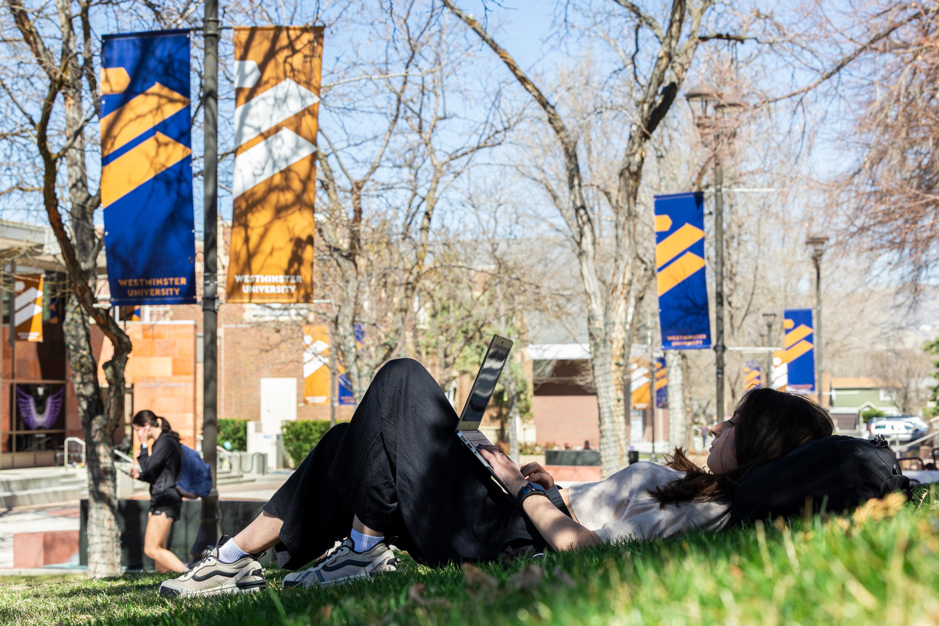 Emily Veater, a sophomore studying accounting and data science, studies on the campus of Westminster University in Salt Lake City on March 26.