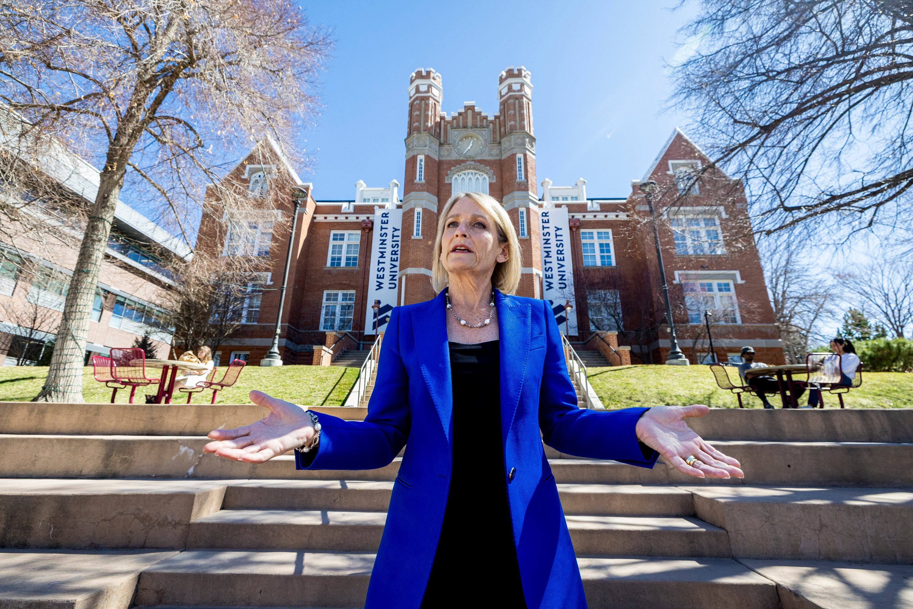 Westminster University President Beth Dobkin speaks in front of Converse Hall during a tour with a Deseret News reporter around the campus of the university in Salt Lake City on March 26.