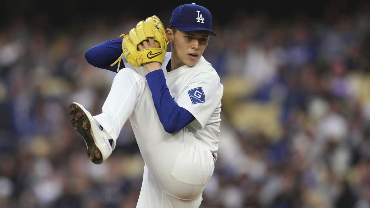 Los Angeles Dodgers pitcher Roki Sasaki throws to the plate during the second inning of a baseball game against the Detroit Tigers Saturday, March 29, 2025, in Los Angeles.