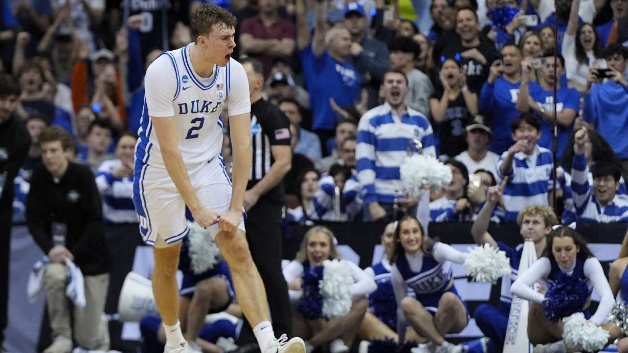 Duke forward Cooper Flagg (2) reacts during the second half of an Elite Eight round NCAA college basketball tournament game against Alabama, Saturday, March 29, 2025, in Newark, N.J.