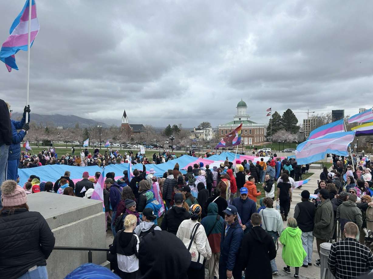 Protesters carry flags and signs in support of trans rights in front of the state capitol on Saturday, March 29, 2025.