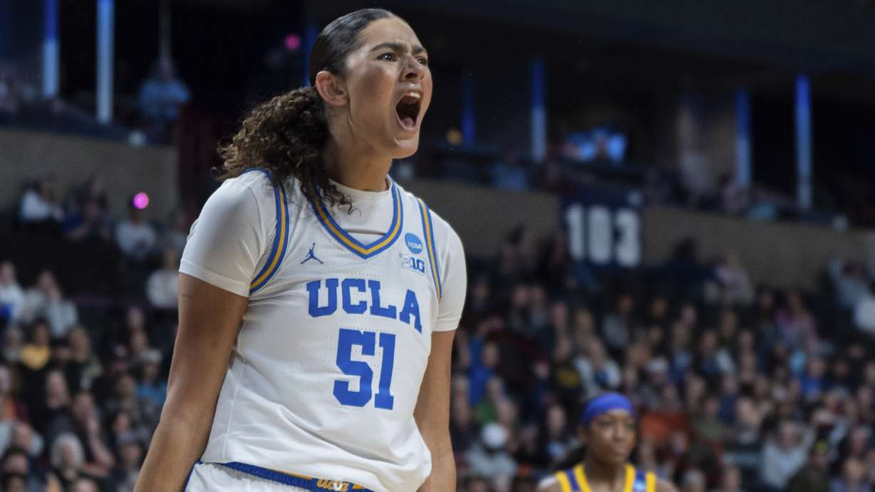 UCLA center Lauren Betts (51) reacts during the first half of a game against LSU in the Elite Eight of the NCAA college basketball tournament, Sunday, March 30, 2025, in Spokane, Wash.