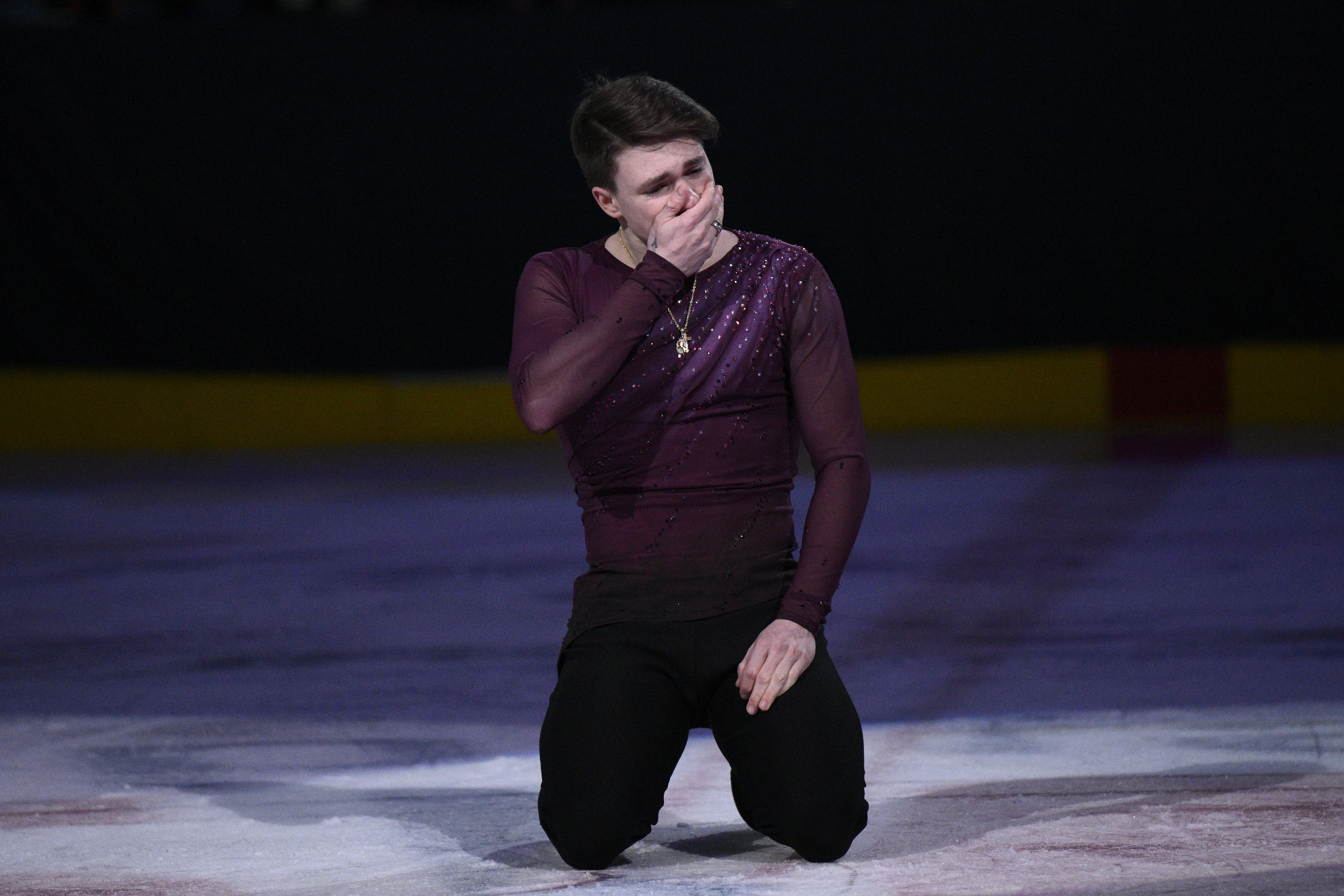 Max Naumov reacts after performing Sunday, March 2, 2025, in Washington at the Legacy on Ice event, a figure skating tribute to support the families and loved ones affected by the Jan. 29, 2025, aviation incident. 