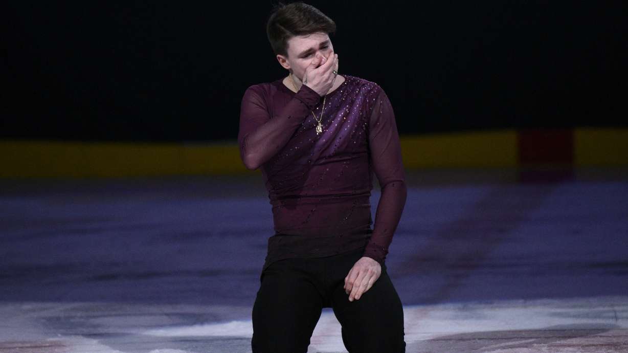 Max Naumov reacts after performing Sunday, March 2, 2025, in Washington at the Legacy on Ice event, a figure skating tribute to support the families and loved ones affected by the Jan. 29, 2025, aviation incident.