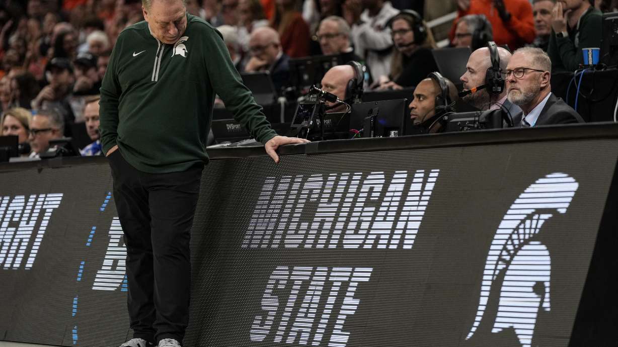 Michigan State head coach Tom Izzo stands on the court during the second half in the Elite Eight of the NCAA college basketball tournament against Auburn, Sunday, March 30, 2025, in Atlanta.
