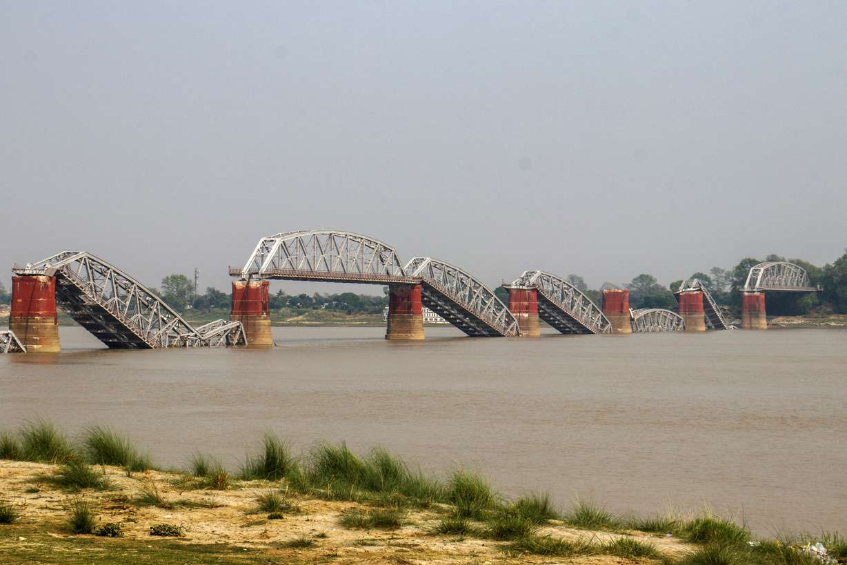 A collapsed bridge is pictured after a strong earthquake, near its epicenter, in Sagaing, Myanmar, Monday.