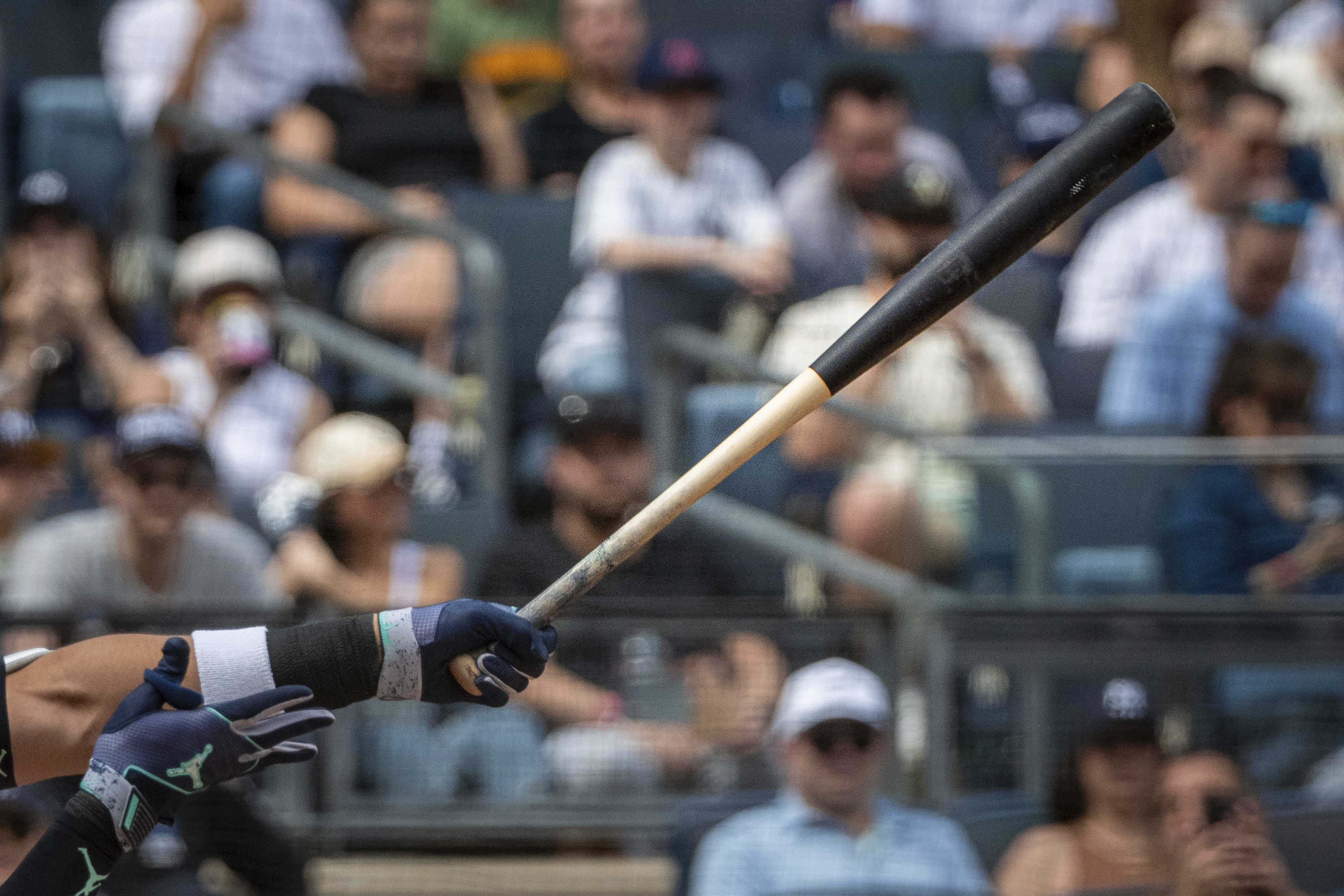 New York Yankees' Aaron Judge hits a home run with one of the team's newly-made torpedo-shaped bats in a baseball game against the Milwaukee Brewers, Saturday, March 29, 2025, in New York.