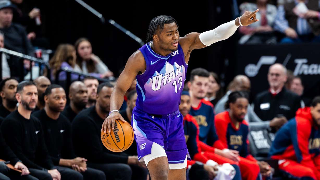 Utah Jazz guard Isaiah Collier (13) motions to teammates during an NBA game against the New Orleans Pelicans held at the Delta Center in Salt Lake City on Sunday, March 2, 2025.