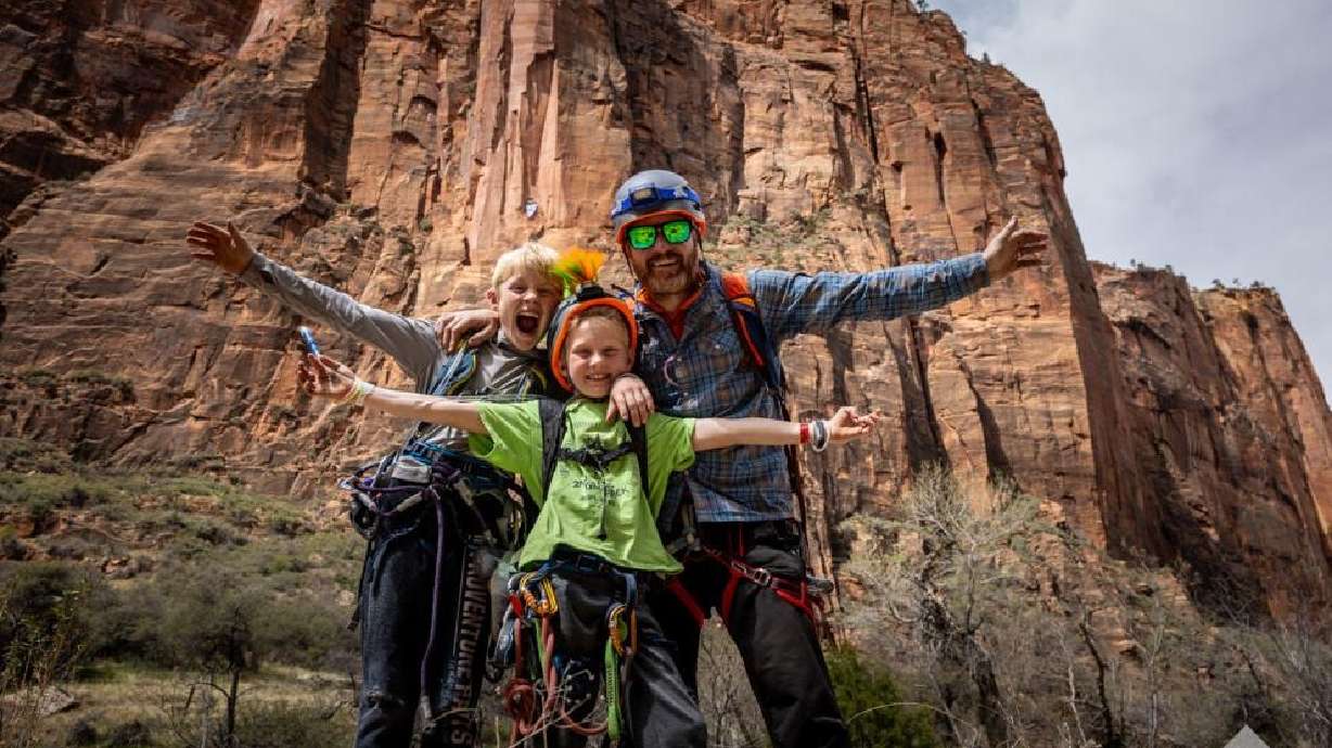 Joe Evermore and his two sons scaled the steep Moonlight Buttress in Zion National Park to hang an American flag, Zion National Park, March 27.