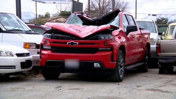 Margo Pomazongo's truck after it was crushed by a falling boulder in Ogden Canyon on Sunday.