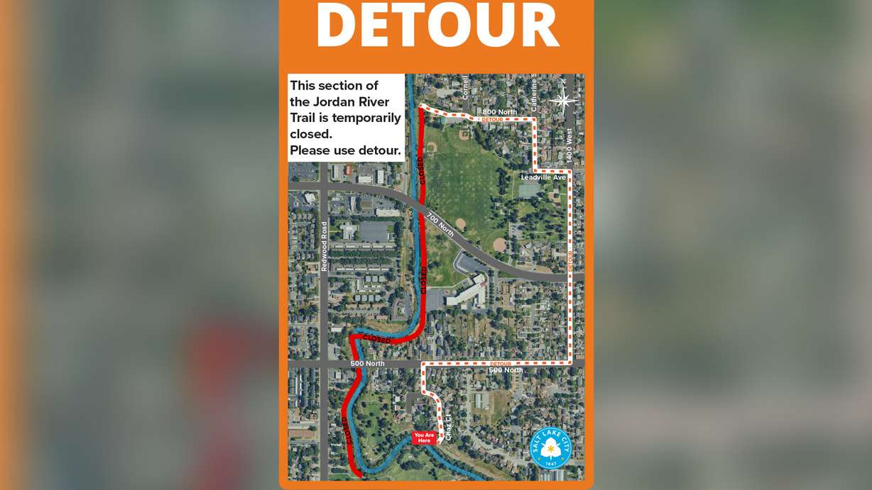 A map of the closed section of the Jordan River Parkway trail along with a proposed detour around the closure. City officials said the closure could last months.