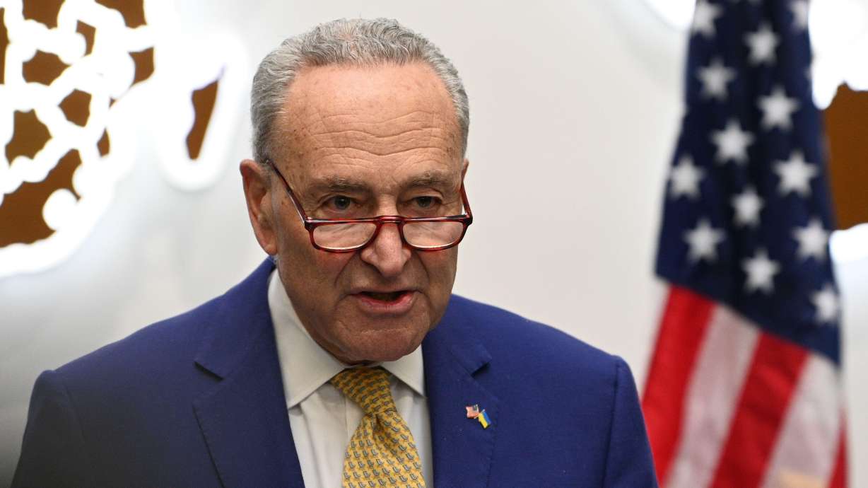 Senate Majority Leader Chuck Schumer speaks in Lviv, Ukraine, Feb. 23, 2024. The Democratic Party on Monday asked a U.S. court to block President Donald Trump's executive order overhauling the election system.