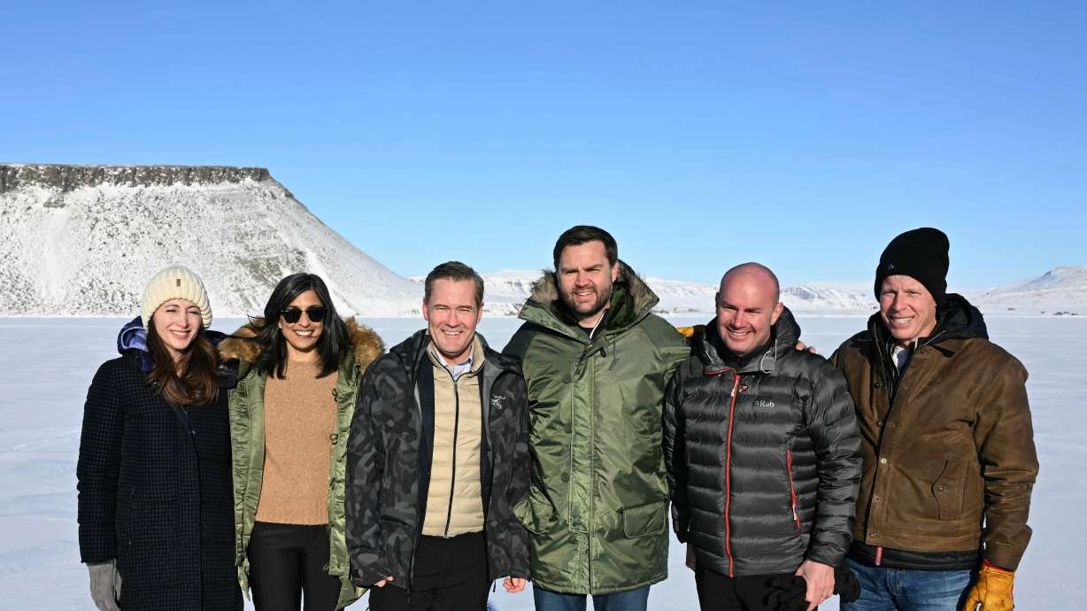 Vice President JD Vance, second lady Usha Vance, Mike Waltz, his wife, Julia Nesheiwat, Sen. Mike Lee and Secretary of Energy Chris Wright, at a military base in Greenland March 28.