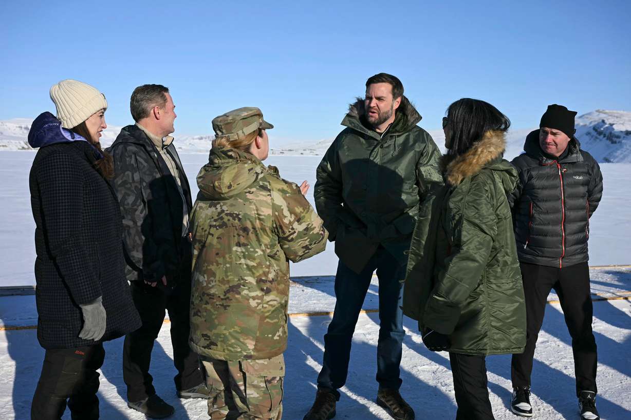 Utah Sen. Mike Lee, right, along with Vice President JD Vance, third right, and second lady Usha Vance, second right, tour Pituffik Space Base, March 28, in Greenland.