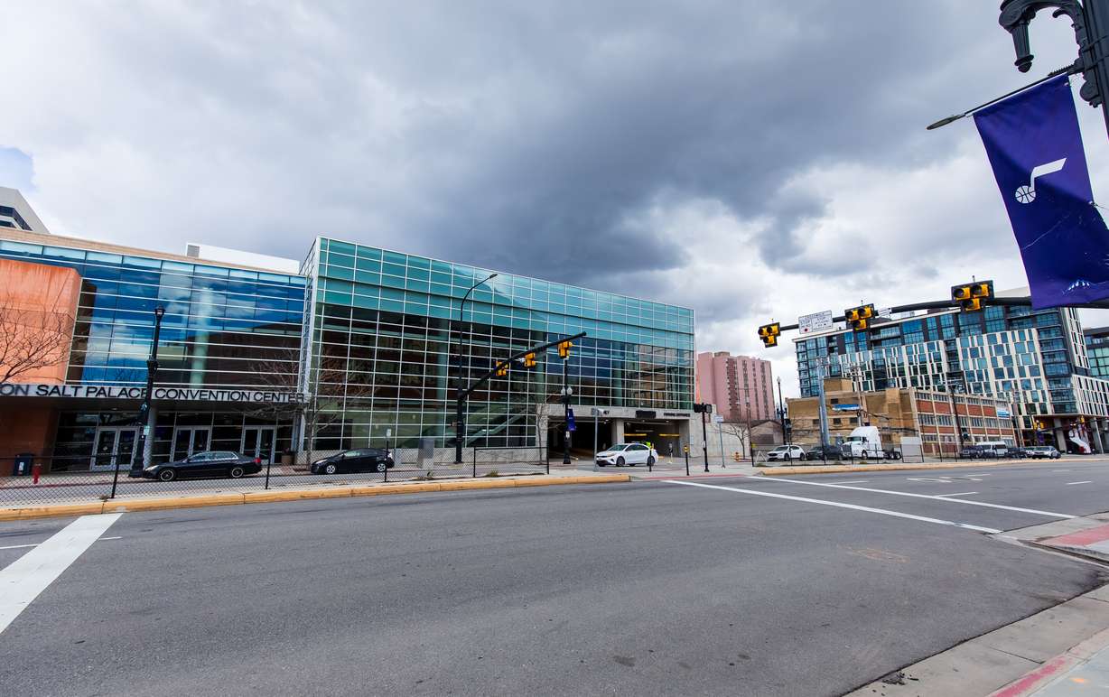300 West and the Salt Palace Convention Center are seen from the Delta Center plaza in downtown Salt Lake City on April 1. The road's future is a key piece in future redevelopment plans.