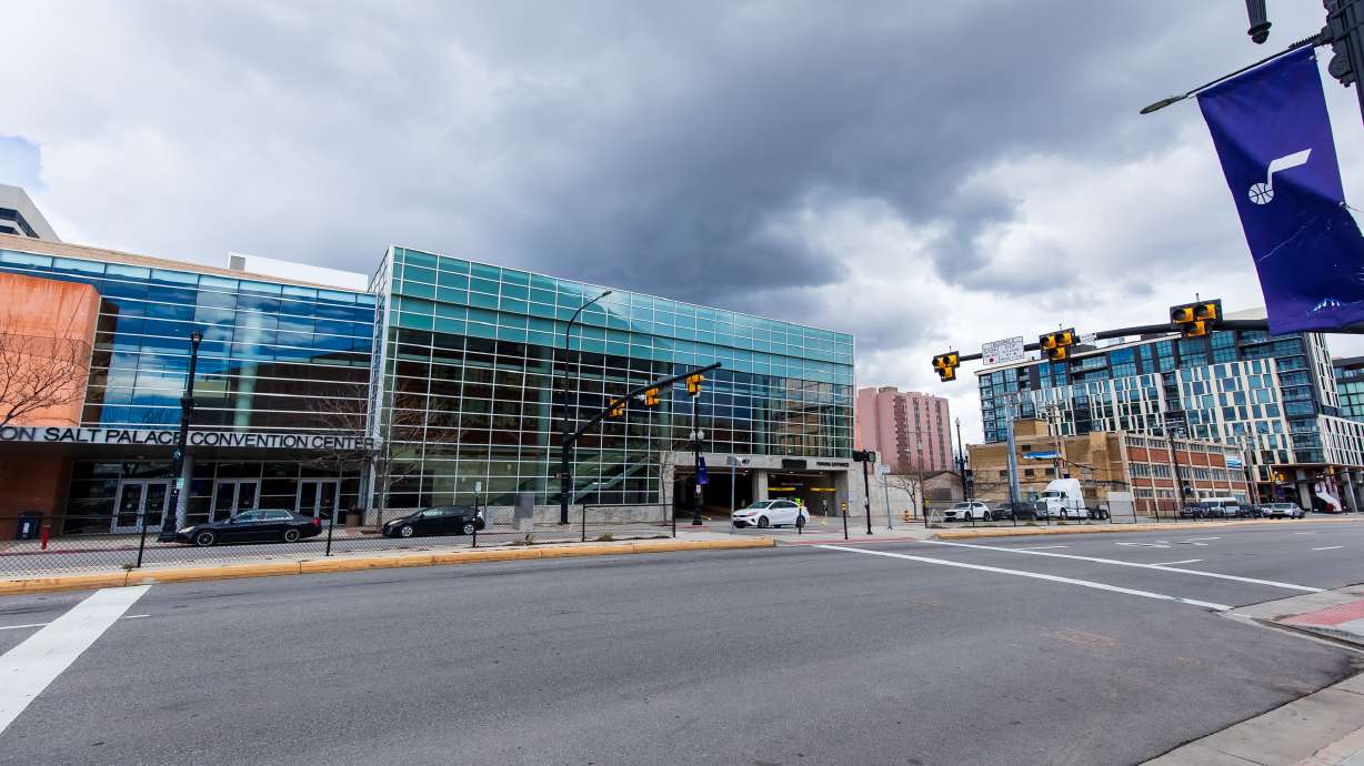 The Salt Palace Convention Center is seen from the Delta Center plaza Tuesday. A state committee voted Friday to approve a revitalization zone, one piece of a fundraising mechanism to pay for a massive overhaul of the area.