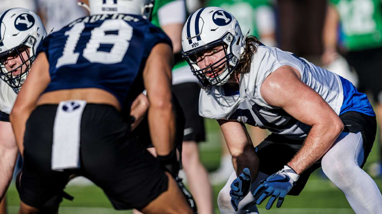 BYU tight end Carsen Ryan lines up during spring practices, Feb. 27, 2025 in Provo, Utah.