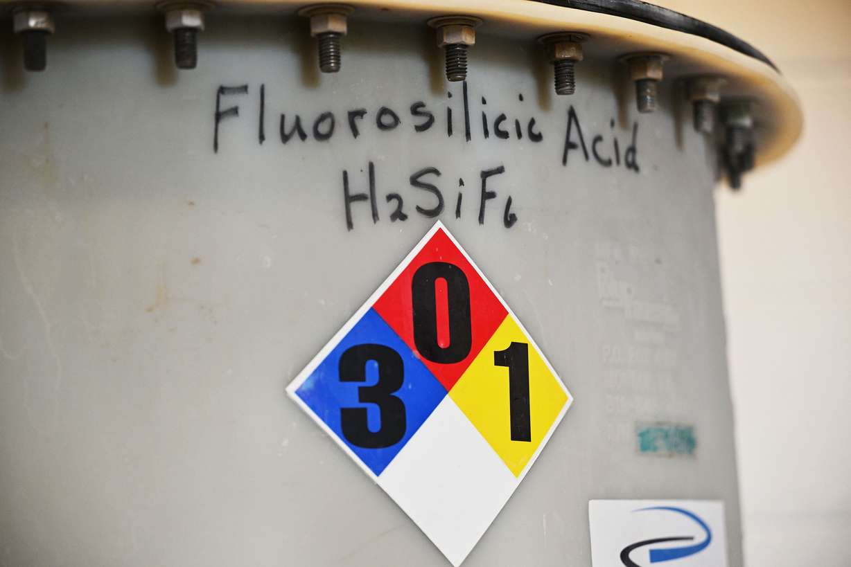 The smaller day storage tank of Fluorosilicic acid at one of Weber Basin Water Conservancy District’s nine locations in Layton on Monday.