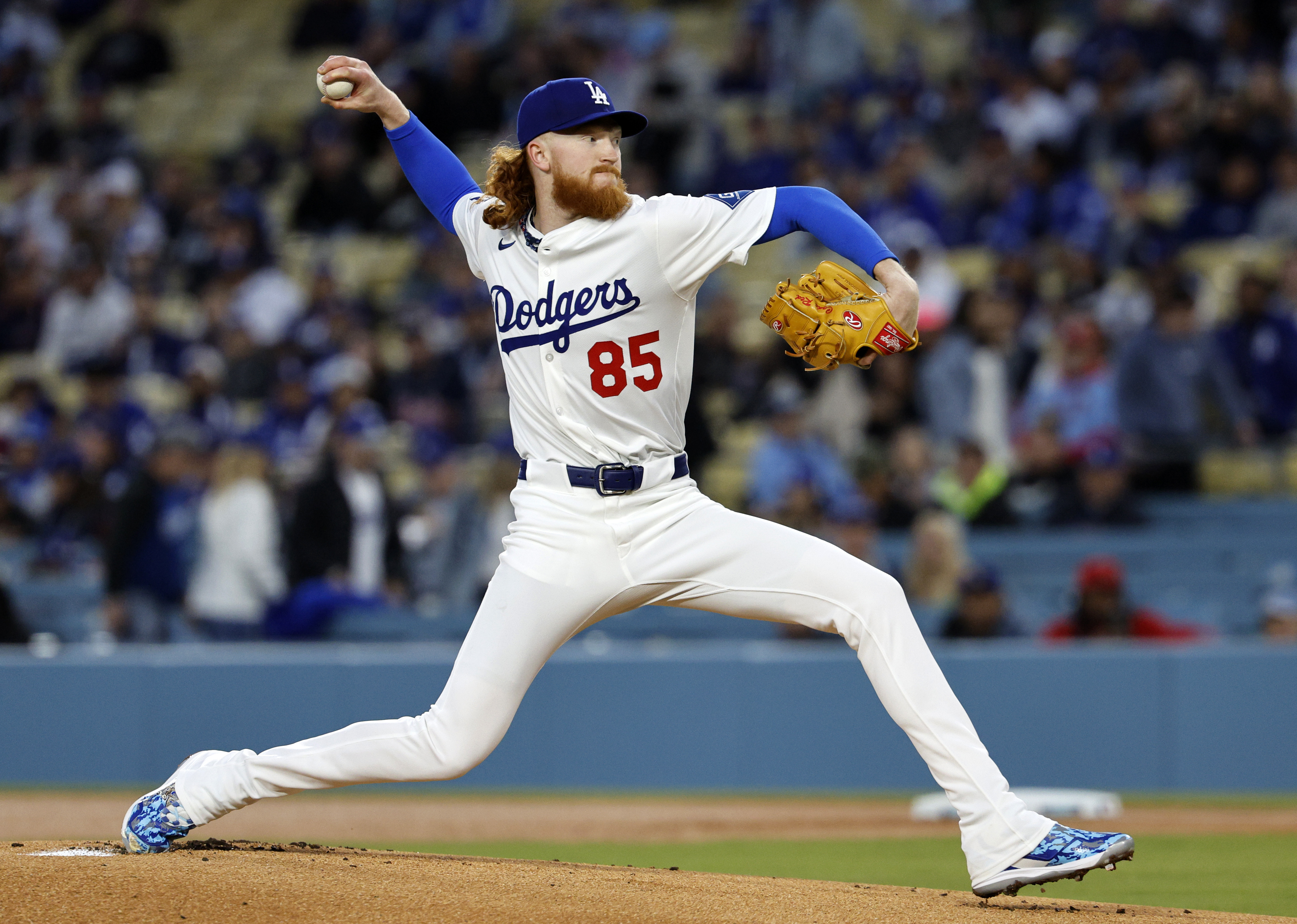 Los Angeles Dodgers' Dustin May throws against the Atlanta Braves during the first inning of a baseball game Tuesday, April 1, 2025, in Los Angeles.
