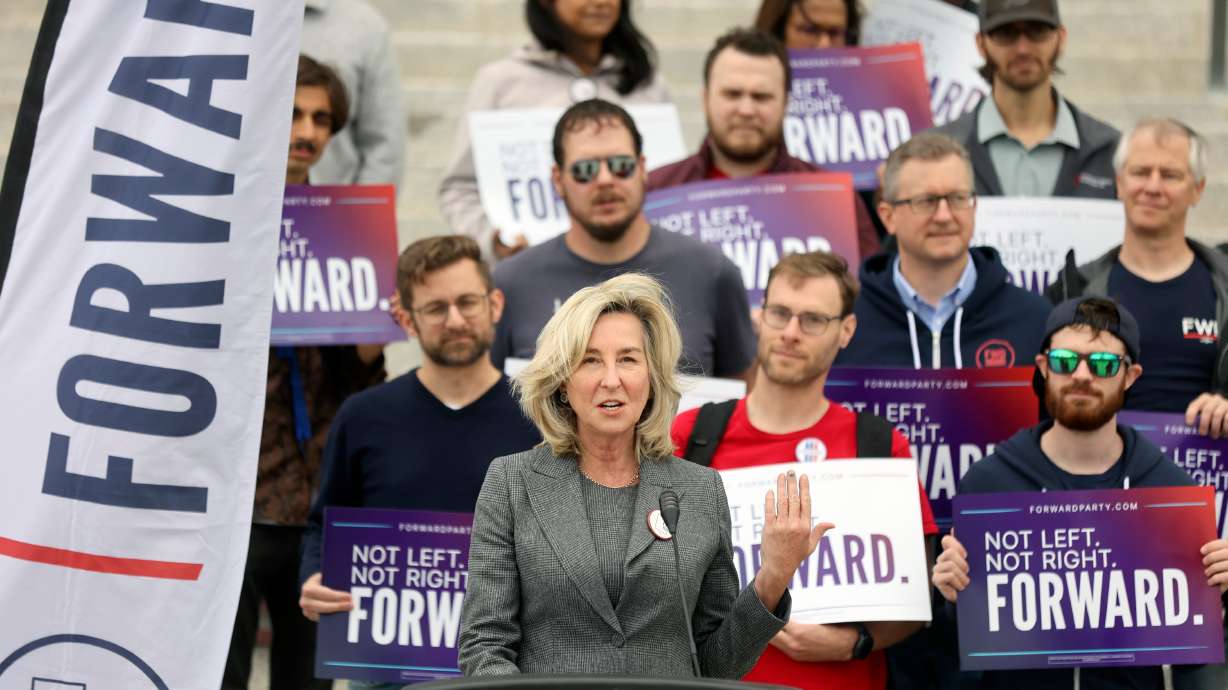 Former Massachusetts Lt. Gov. Kerry Healey speaks during a press conference with the Utah Forward Party in Salt Lake City on Oct. 11, 2023. The Utah Forward Party announced plans to merge with the United Utah Party on Wednesday.