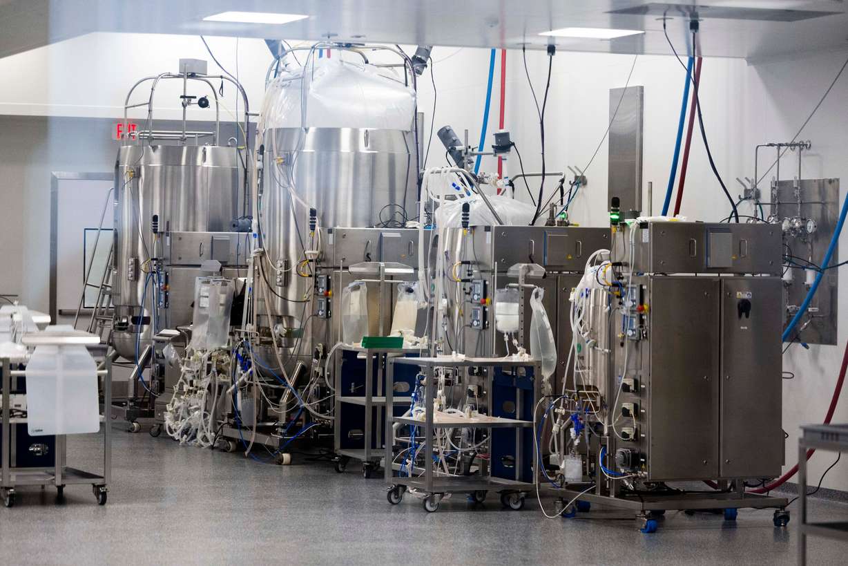 Bioreactors and other equipment are pictured inside of a lab during a ribbon cutting for Denali Therapeutics' new biomedical facility in Salt Lake City on March 27.