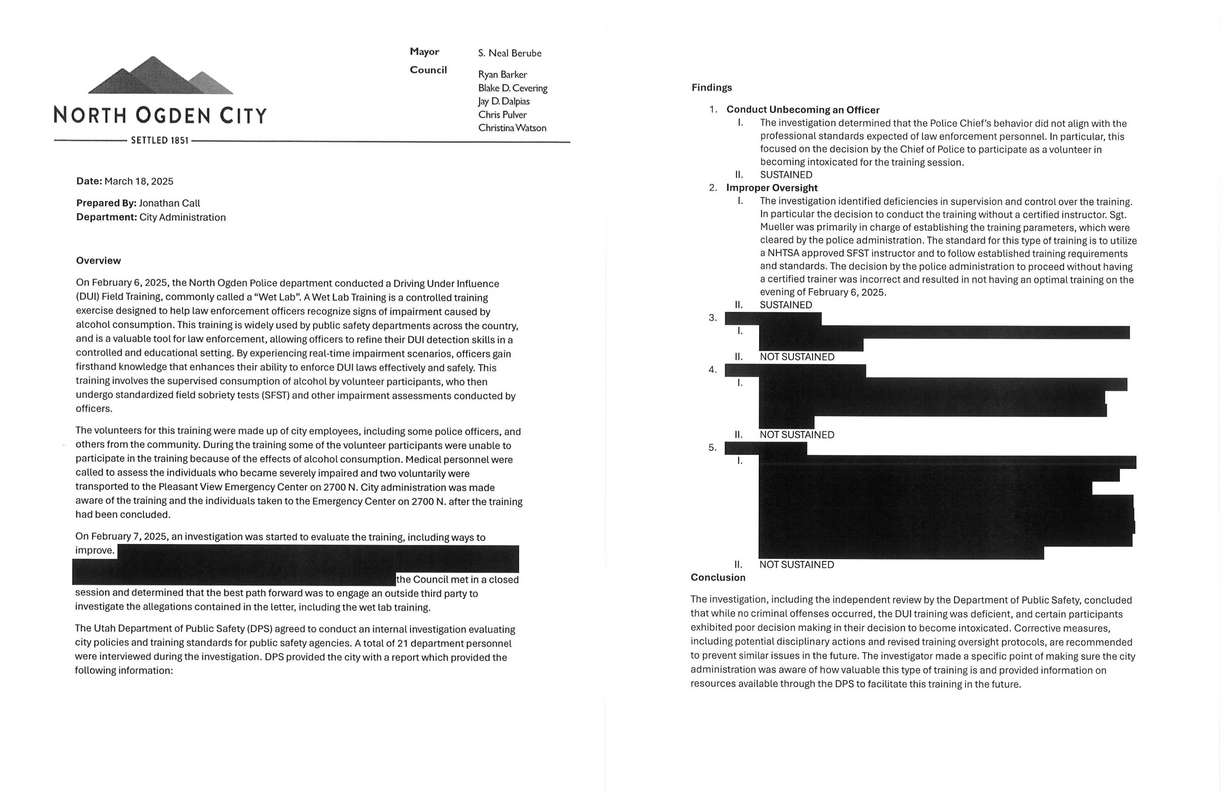 A memo by North Ogden City Manager Jon Call in March, addressing a February DUI training held by the police department.