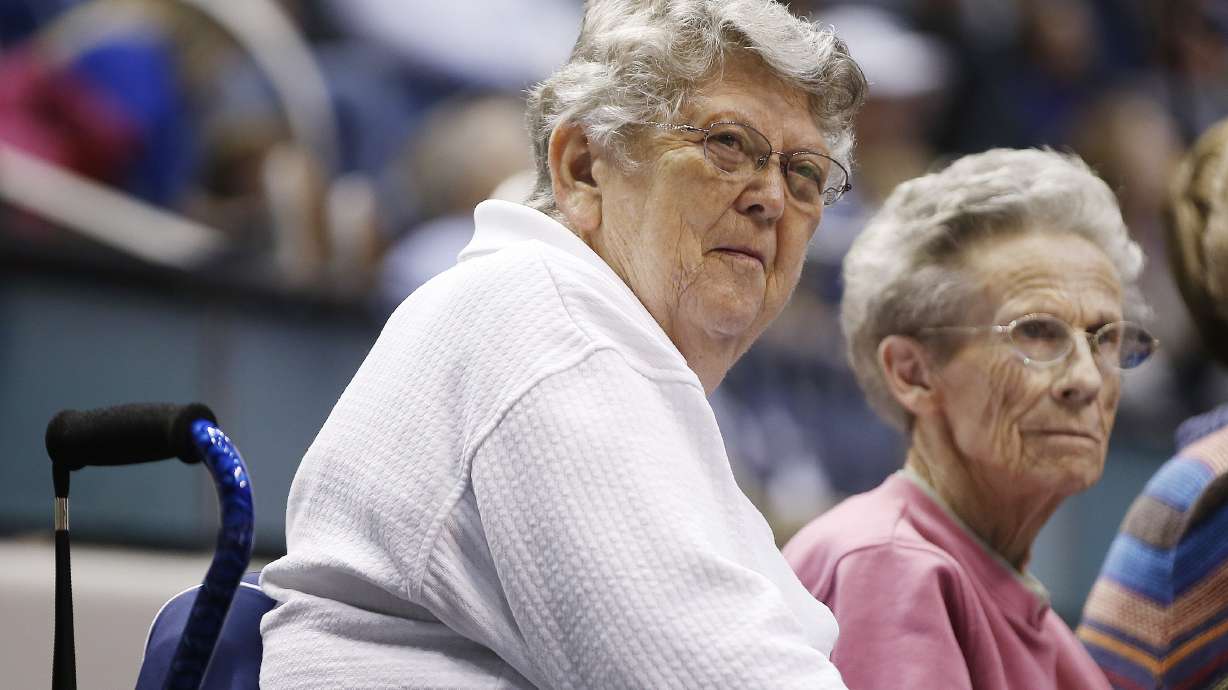 Former Brigham Young Cougars volleyball coach Elaine Michaelis watches a game in Provo on Thursday, Feb. 23, 2017.
