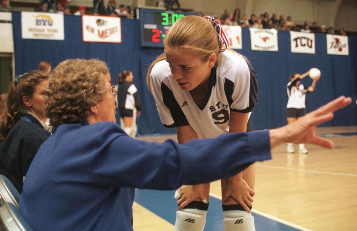 BYU womens volleyball coach Elaine Michaelis instructs Rachel Greene during a game with Colorado State in 2002.