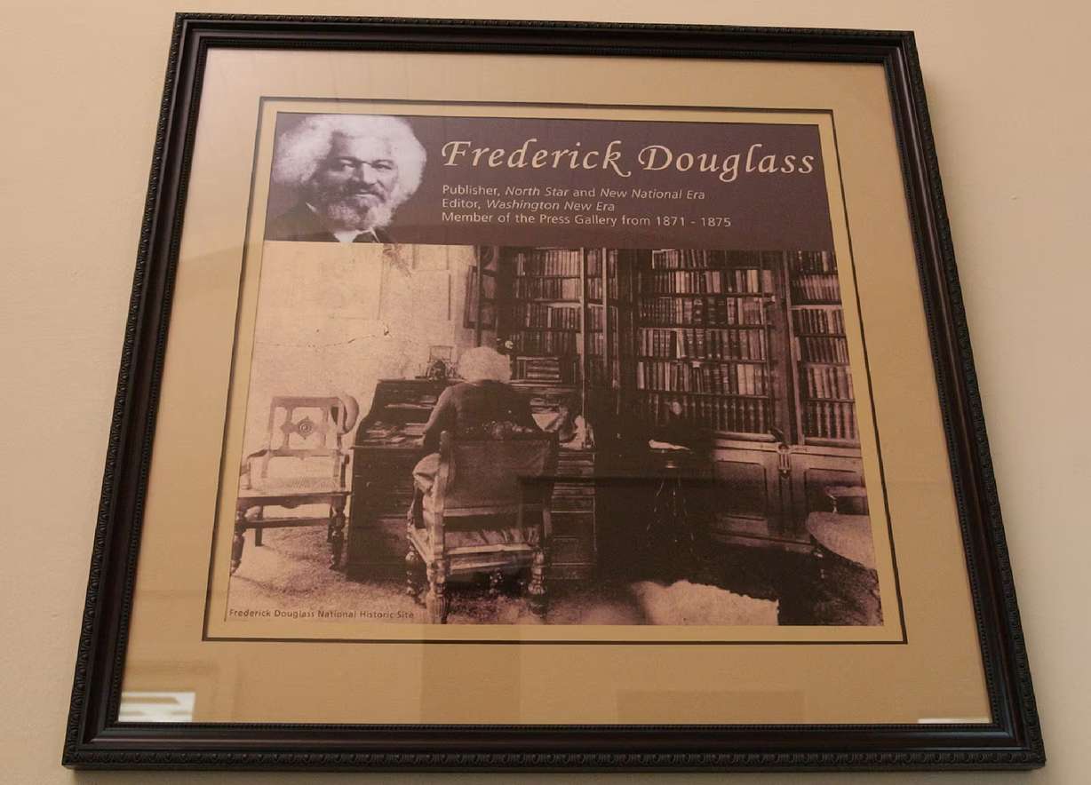 A plaque honoring Frederick Douglass, for his role as a pioneering journalist, is seen on Capitol Hill in Washington, Feb. 26, 2007.